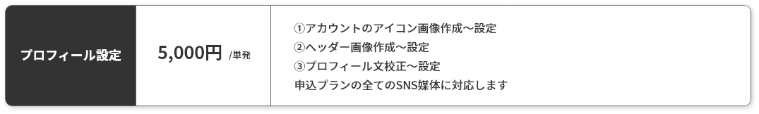 オプション3プロフィール設定　5,000円単発　①アカウントのアイコン画像作成〜設定②ヘッダー画像作成〜設定③プロフィール文校正〜設定申込プランの全てのSNS媒体に対応します