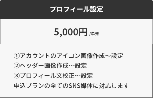 オプション3プロフィール設定　5,000円単発　①アカウントのアイコン画像作成〜設定②ヘッダー画像作成〜設定③プロフィール文校正〜設定申込プランの全てのSNS媒体に対応します